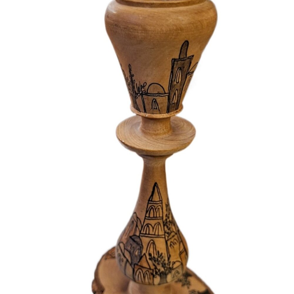 Handmade Raw Olive Wood 7.5" Candlestick Jerusalem Israel Judaica